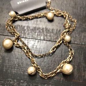 Long Antiqued Gold Tone & Faux Pearls Necklace!